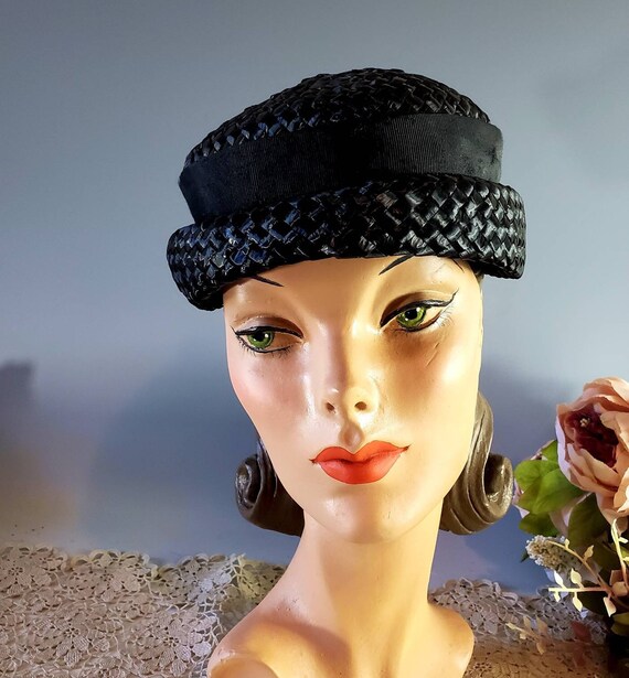 Midcentury Navy Blue Hat, Mini Hat, Grosgrain Str… - image 3