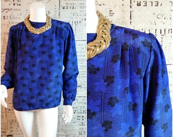 S 1980s Royal Blue Secretary Blouse, Long Sleeves, Keyhole Closure,  Vintage Womens Fashions, Gift Ideas, Blue Top, Treasures by the Gulf