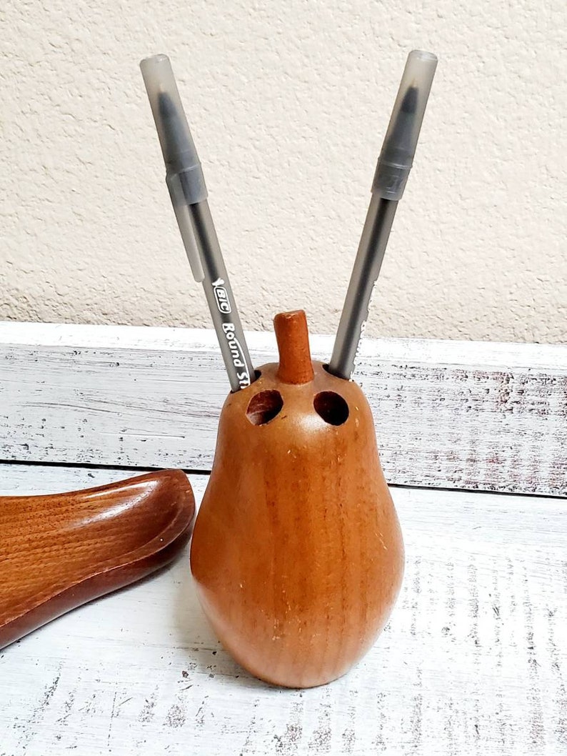1970s Wooden Apple Pencil Pen Holder and Leaf Desk Organizer l Etsy