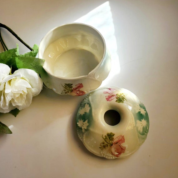 Antique German Vanity Jar, White Porcelain with Blue … Gem