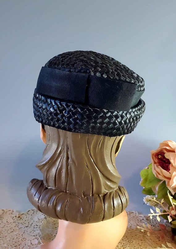 Midcentury Navy Blue Hat, Mini Hat, Grosgrain Str… - image 4