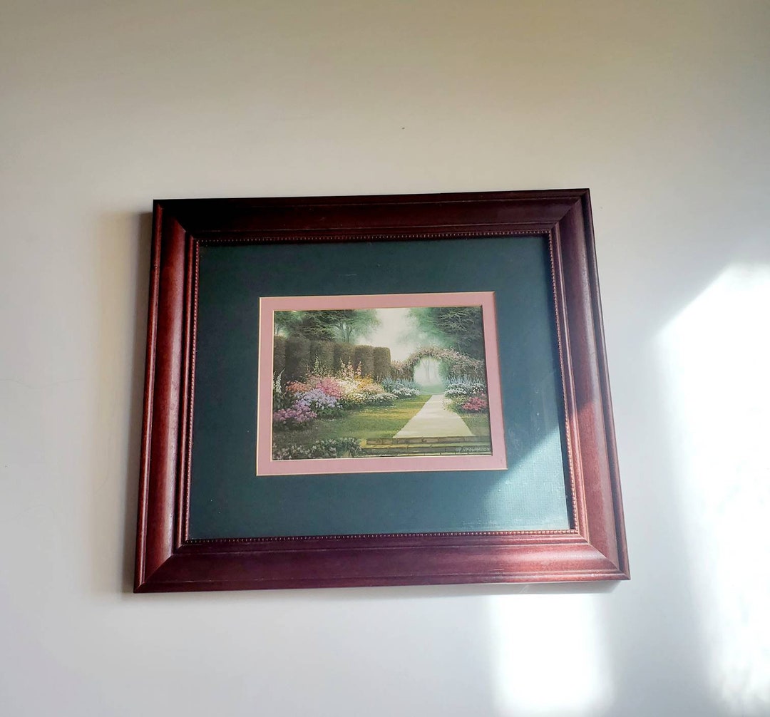 1990s Framed Garden Scene Print, Wood Frame, Glass, Mats, Home Decor ...