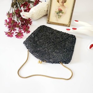 Midcentury Black Beaded Purse, Sequined Bag, Formal Clutch, Evening Bag, Mothers Day Gift, Gifts for her, Treasures by Gulf