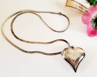 Sterling Silver Herringbone Necklace, Puffed Heart Pendant, Vintage 1980s Jewelry, Gift Ideas Her, Treasures by the Gulf, 1980s Jewelry