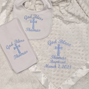 Personalized Embroidered Baby Christening Baptism Blanket /Bib/Burp cloth/Bloomers/ Baby Gift Set Boy/Girl/  New Baby, Baptism, Christening.