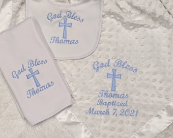 Personalized Embroidered Baby Christening Baptism Blanket /Bib/Burp cloth/Bloomers/ Baby Gift Set Boy/Girl/  New Baby, Baptism, Christening.