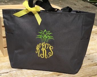 Monogrammed Personalized Tote Bag /Pineapple Monogram/ Zip Tote / Bridal / Teacher / Work Bag /Beach Tote/Embroidered