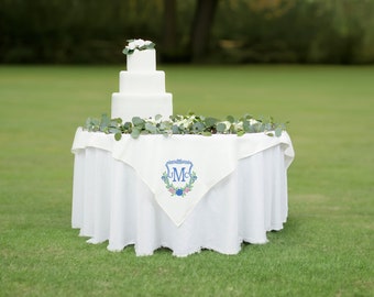 Custom Wedding Crest | Monogram | Watercolor Crest Embroidered Sweetheart Table | Dessert Tablecloth | Banner| Pillow | Personalized Wedding