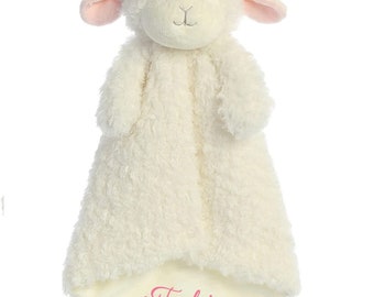 May include: White plush lamb security blanket with pink ears and a pink embroidered name "Taylor" on the bottom.