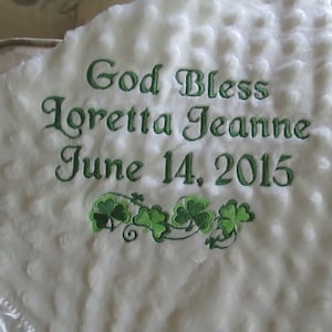 Personalized Embroidered Baby Blanket / A bit of Irish style/Shamrocks  This will be the WOW gift!  New Baby, Baptism, Christening.