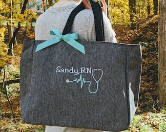 Nurse Personalized Tote Bag / Zippered tote/ Nurse Gift / Work Bag / 4 Designs/ Embroidered