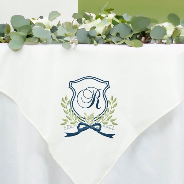 Custom Wedding Crest Design | Monogram | Watercolor Crest Embroidered | Dessert Tablecloth | Banner | Flag | Pillow | Personalized Wedding