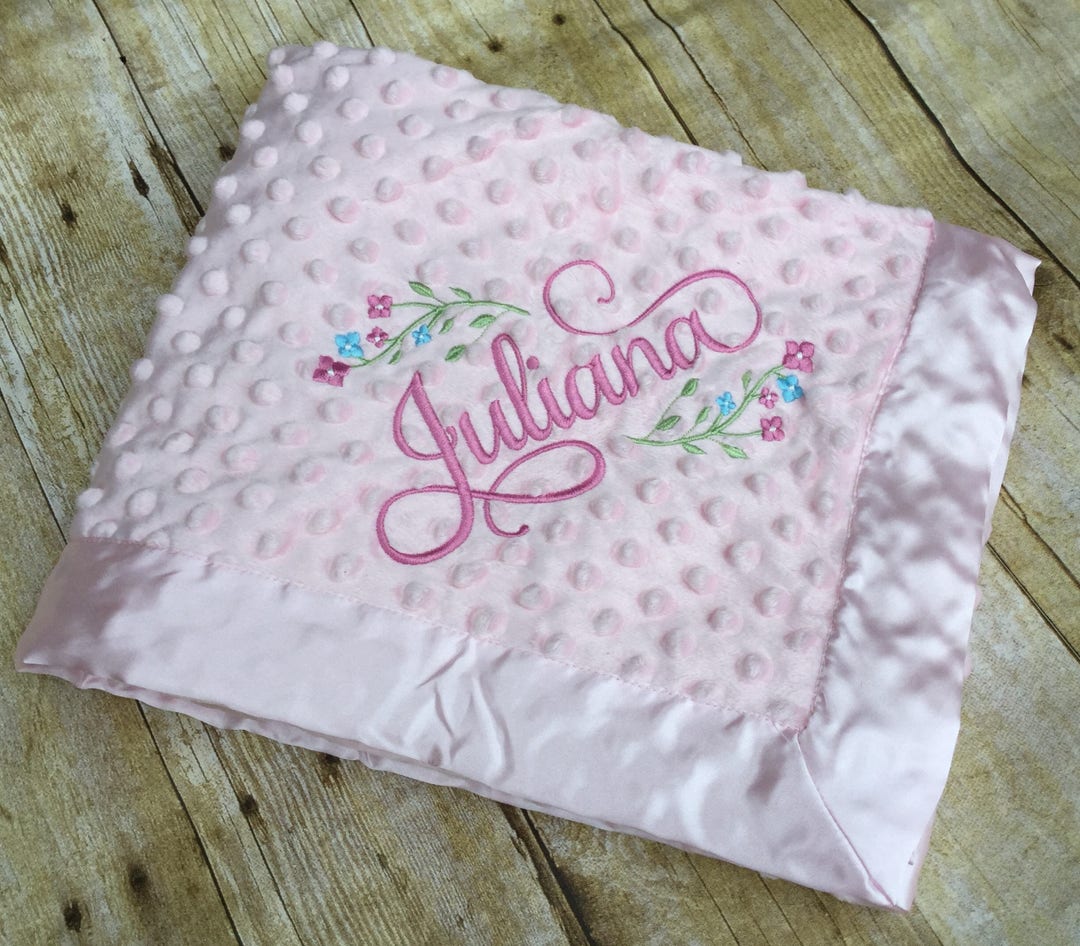 Baby Blanket Personalized/name and Date/minky/flowers/ Embroidered