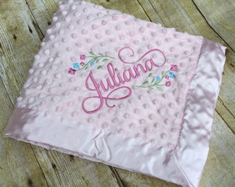 Baby Blanket Personalized / Name and Date / Name /Flowers / Embroidered / Custom / Baby Gift, Baptism, Christening.