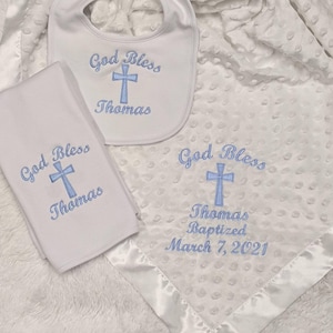 Personalized Embroidered Baby Christening Baptism Blanket /Bib/Burp cloth/Bloomers/ Baby Gift Set Boy/Girl/  New Baby, Baptism, Christening.