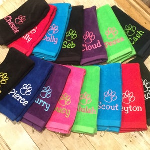 Personalized Dog Gift -Towel - Embroidered with paw print and name / clean the Paws & the Drool while you out and about.