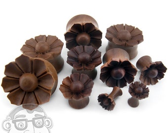 Daisy Flower Wood Plugs Sizes / Gauges (2G - 1 Inch) Pair - New!