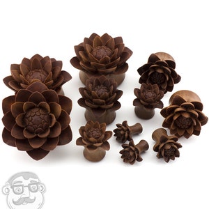 Carved Camellia Flower Wood Plugs Sizes / Gauges (4G - 1 & 1/4&quot; Inch) Pair - New!