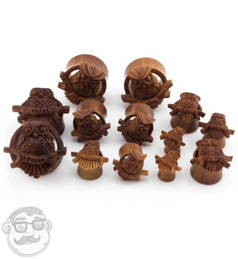 Owl Perch Carved Saba Wood Tunnels Sizes / Gauges (0G - 1 Inch) Pair