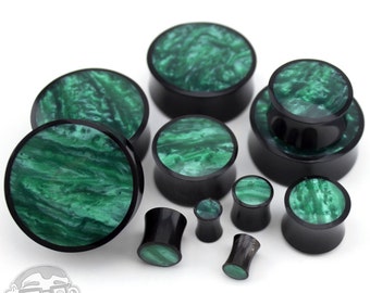 Horn Plugs With Green Resin Inlay - Sizes / Gauges (4G up to 1 & 1/4"Inch) - Sold in Pairs