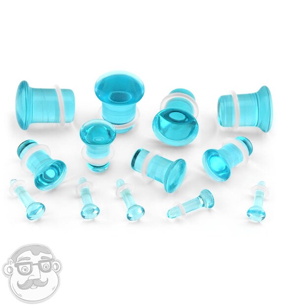 Single Flared Blue Glass Ear Plug w. Clear O-Ring Single Flared Blue Glass Ear Plug w. Clear O-Ring