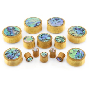 Osage Orange Wood Plugs with Abalone Shell Inlay Sizes / Gauges (00G - 1 & 1/4&quot; Inch)