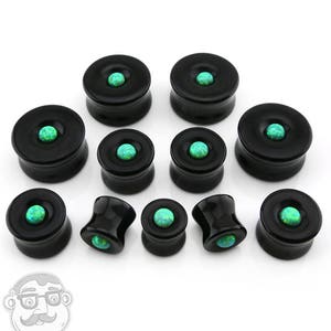 Obsidian Stone Plugs with Micro Green Opal Inlay