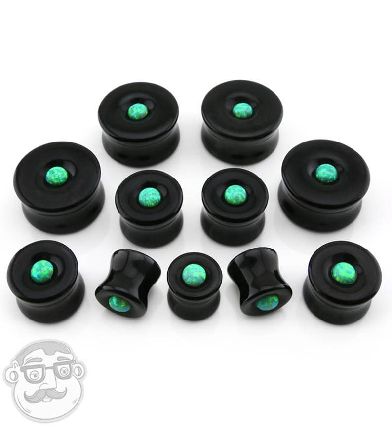 Sizes Gauges Obsidian Stone Plugs with Micro Green Opal Inlay 00G - 34