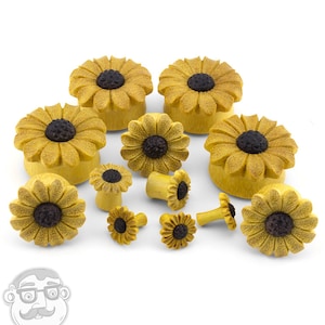 Grand Sunflower Wood Plugs Sizes / Gauges (4G - 1 & 1/4&quot; Inch) Pair - New!