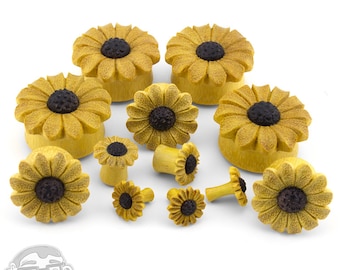 Grand Sunflower Wood Plugs Sizes / Gauges (4G - 1 & 1/4" Inch) Pair - New!