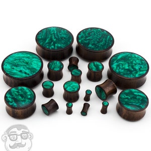 Wood Plugs With Green Resin Inlay - Sizes / Gauges (4G up to 1 & 1/4"Inch) - Sold in Pairs