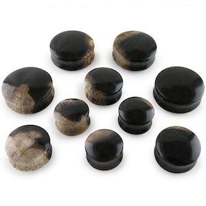 May include: A collection of ten dark brown and tan ear plugs. The plugs have a rounded, disc-like shape with a flared edge. The color varies from solid dark brown to a marbled tan and brown pattern. The plugs are displayed against a white background.