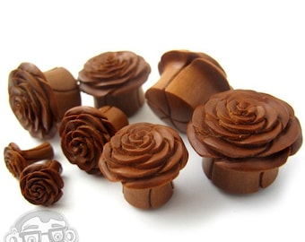 Carved Rosebud Saba Wood Plugs