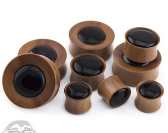 Saba Wood Plugs With Black Obsidian Stone Inlay (9/16" - 1 & 1/4" Inch) Sold in pairs