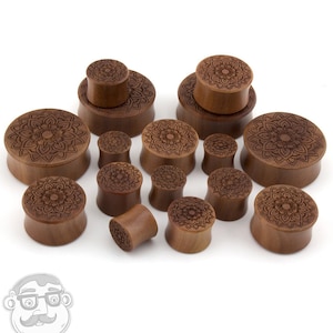 Mandala Flower Engraved Saba Wood Plugs (1/2&quot; - 1 & 1/4&quot; Inch) - Sold in Pairs