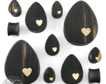 Areng Wood Heart Inlay Teardrop Plugs - Sizes / Gauges (00G - 1 & 1/2" Inch) Sold In Pairs