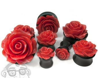 Red Rosebud Black Plugs - Sizes / Gauges 0G - 1 Inch Sold In Pairs - NEW!