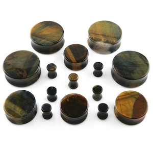 May include: A collection of stone plugs in various sizes. The plugs feature a mix of brown, gold, and blue-green hues, with a marbled appearance. The collection includes both large, flat plugs and smaller, rounded plugs.