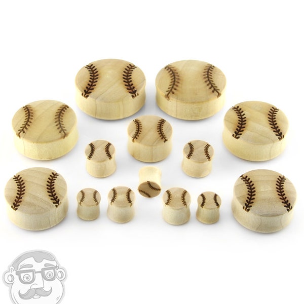 Baseball Engraved Wood Plugs (00G - 1 & 1/2" Inch) - Sold in Pairs