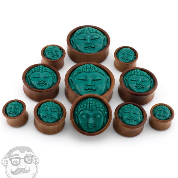 Saba Wood Plugs With Buddha Stone Inlay (5/8" Gauge - 1 & 1/2" inch) Sold in pairs