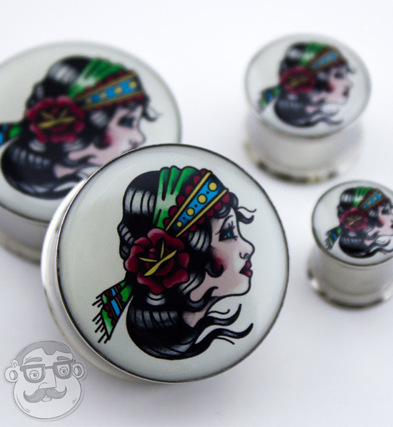 00G - 1 Inch Gypsy Girl Tattoo Steel Plugs Sizes Gauges