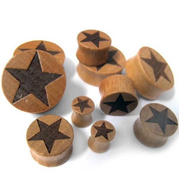 Solid Star Engraved Wood Plugs - Double Flare (0G -1 Inch) Sold In Pairs - New!