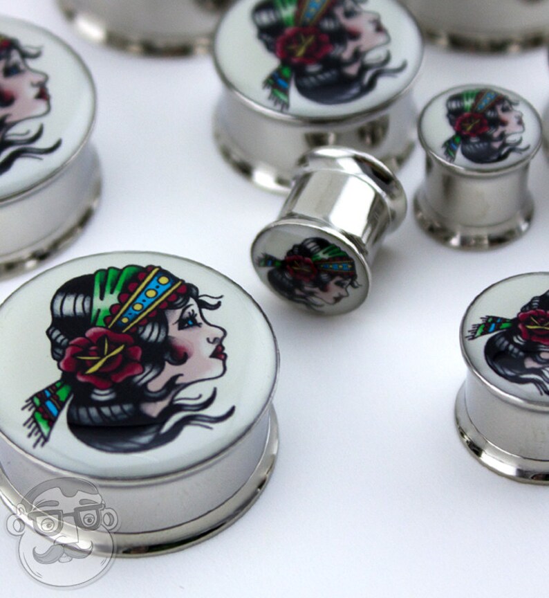 00G - 1 Inch Gypsy Girl Tattoo Steel Plugs Sizes Gauges