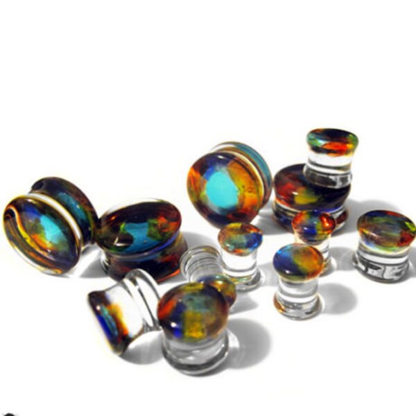 Exotic Mosaic Dichroic Glass Ear Plugs - Sizes / Gauges 2G - 3/4" Sold In Pairs - NEW!
