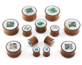 Square MOP & Abalone Shell Inlay Wood Plugs Sizes / Gauges (00G - 1 Inch) Pair