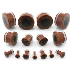 Single Flare Saba Wood Plugs with Coconut & Areng Wood Inlay Sizes / Gauges (8G - 1 Inch) Pair