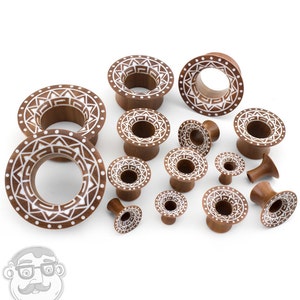 Saba Wood Mayan Flare Tunnels With Tribal Inlay