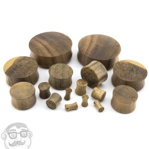 May include: A collection of wooden ear plugs in various sizes and shapes. The plugs are made of a light brown wood with visible grain patterns. Some plugs have a darker, contrasting wood accent on the edge.