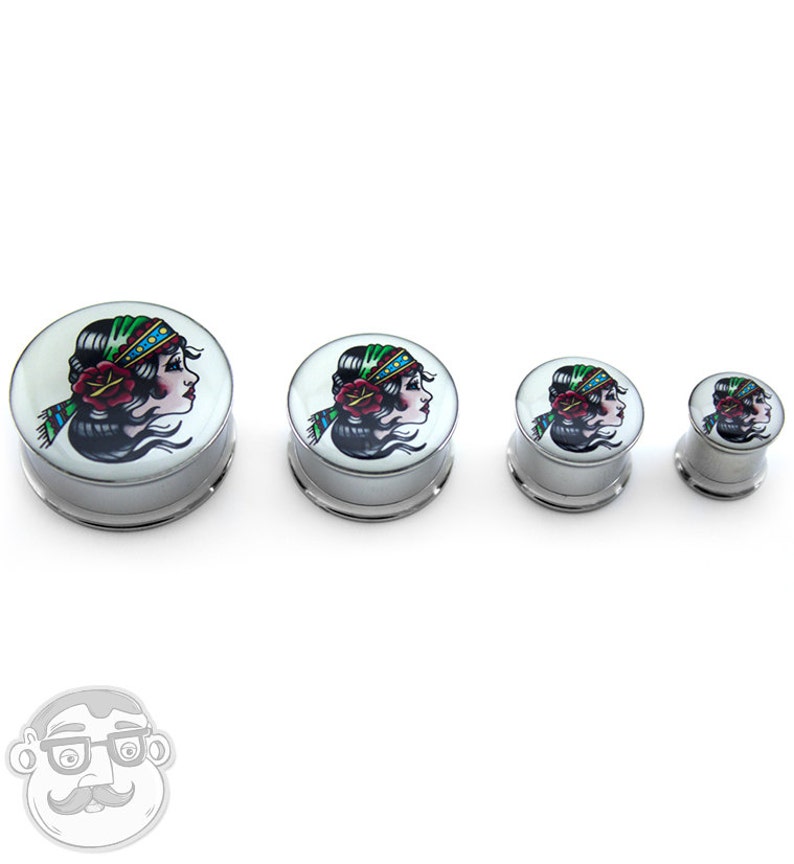00G - 1 Inch Gypsy Girl Tattoo Steel Plugs Sizes Gauges