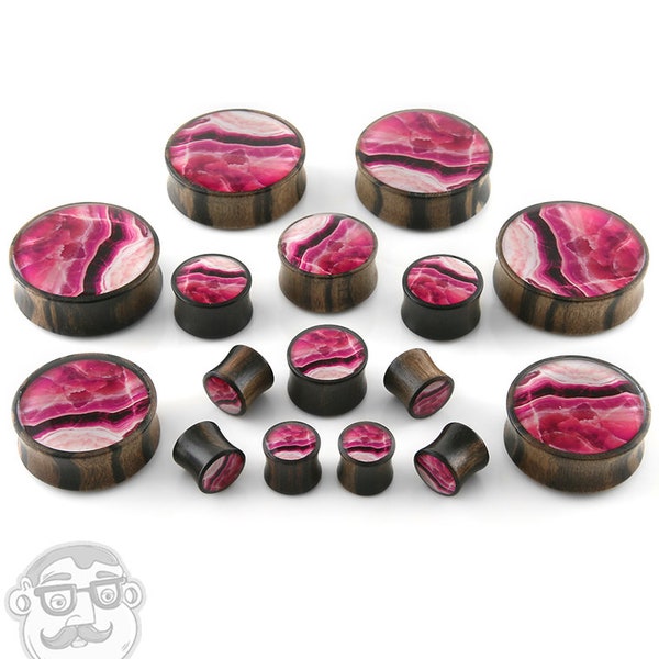 Chevilles bois areng avec Faux Rose ligne Agate Inlay tailles / jauges (1/2" jusqu'à 1 & 1/2 '' pouces)